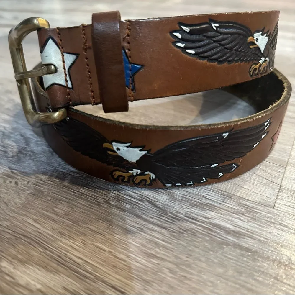 Genuine Full Grain Leather Belt Size 36 Hand Painted Eagle Patriotic Stars Brown